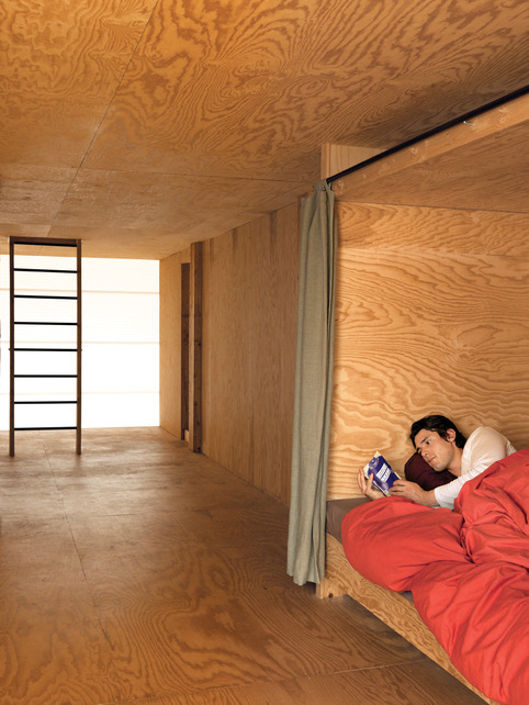 He tried to focus on the novel, and not how much his bedroom reminded him of a plywood coffin.  (Dwell magazine, November 2009)