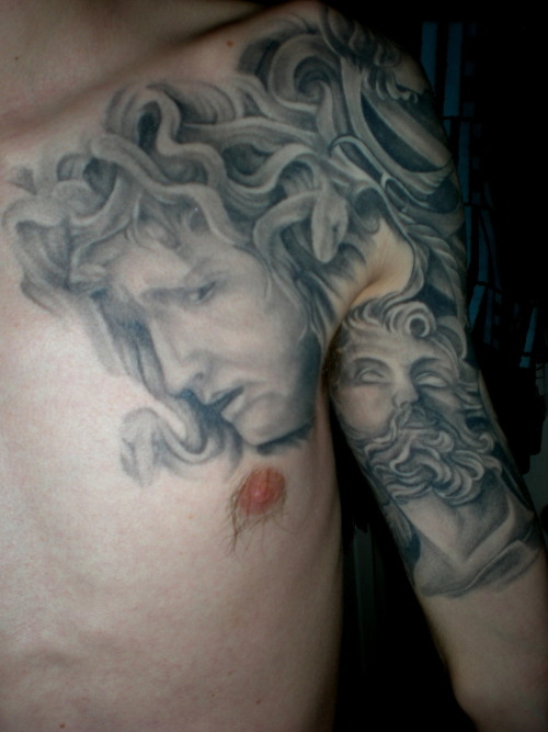 Medusa and Zeus. Greek god/godess half sleeve. also on back of arm (not 