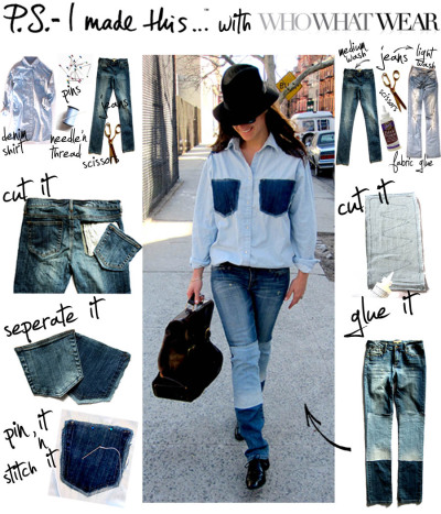 Denim on denim it a DO for Spring 2010.  The lovely ladies from Who What Wear and I both agree that Chloe&#8217;s cool and casual indigo layered look is one of the strongest trends of the season and we want IN! Style together for a full on runway repertoire or rock the patch-worked pieces separately.  Dig into your closet for medium and light wash jeans or pick up a new pair to embellish. Check out Forever 21 for a wide variety of denim and also over-sized Denim and Chambray shirts. 
After cutting up your jeans into patches, pin and sew accordingly.  If you&#8217;re not the best seamstress or want to cut some corners- opt for fabric glue!  Just make sure you wait 72 hrs till dry and wash inside out. 