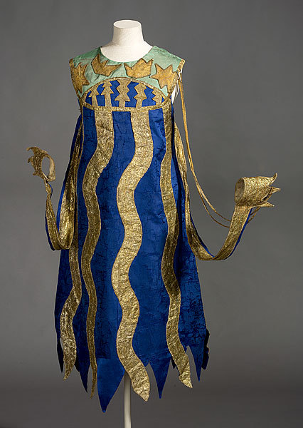Costume for a Squid  c. 1916
Collection Title: the Ballets Russes’ production of Sadko Creation Notes: First performed at the Théâtre du Châtelet, Paris, 16  June 1911. Revived at the Teatro Euqenia-Victoria, San Sebastian, Spain,  August 1916. Theatre art, Costume, silk, metallic thread embroidery, wire, paint tunic 125.0 h cm headdress 60.0 h cm Purchased 1996
GONCHAROVA,  Natalia LES BALLETS RUSSES DE SERGE DIAGHILEV | Costume for a Squid