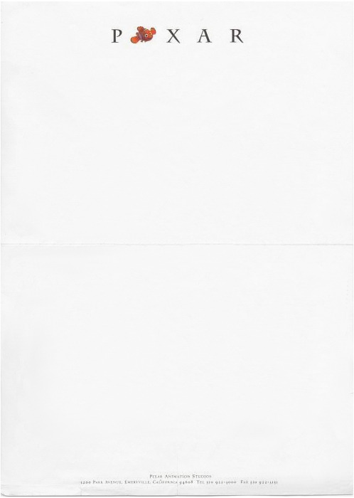 Finding Nemo letterhead, used by Pixar director Pete Docter in 2003. 
Previously: Pixar&#8217;s 2008 The Incredibles letterhead.
Pixar Animation Studios, 2003 | Submitted by Terri