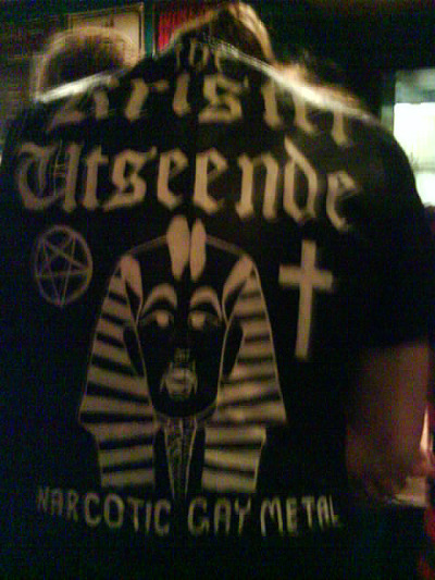 Every once in a while you see some shit that blows your mind. “Hi! Found your blog through http://canthateenough.blogspot.com/ This is a shitty picture but I’ll send it anyways.It’s the back from a leather vest a guy had at a The Kristet Utseende gig in malmö two years ago.I have no idea who the guy was but I felt I needed to take a picture of it.”Sent by Pierre from Hässleholm.  Epic.