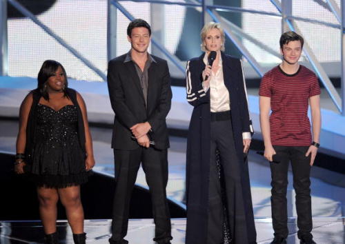  LOS ANGELES, CA - SEPTEMBER 12:  (L-R) Actors Amber Riley, Cory  Monteith, Jane Lynch, and Chris Colfer speak onstage during the 2010 MTV  Video Music Awards at NOKIA Theatre L.A. LIVE on September 12, 2010 in  Los Angeles, California.  (Photo by Kevin Winter/Getty Images) 