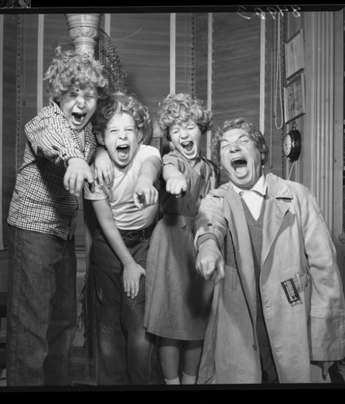 Harpo Marx with his bewigged children Alec Jimmy Minnie 1954