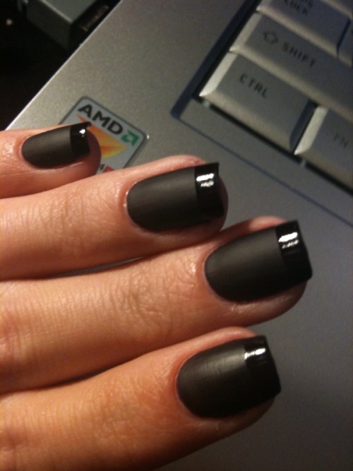 A cool, modern twist on the French mani. It is also pretty easy to do. You just need scotch tape, black nail polish and a matte top coat. Apply the black polish, wait until it dries, then tape the tips of your nails before applying the matte top coat. 
Apply base color (OPI’s matte Lincoln Park After Dark), wait until it dries. Use scotch tape to cover the base of your nails (put the pieces of tae on your palm to make them less sticky) and paint the tips with normal black polish. This also works with regular Lincoln Park After Dark and a matte top coat (I prefer Essie’s Matte About You).