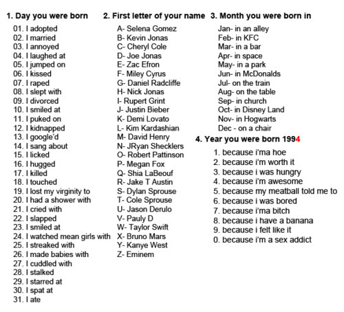thatjennygirl:  gabbyishere:  dudeitskojo:  theycallme-kym:  loveme—forever:  comecatchusbeforewefall:  inalittleworldofherown:  iblamejustinbiebs:  teenageninja:  i kissed Kevin Jonas in space because i’ma bitch.   -tf?! ew, hell no.  I smiled at David Henry on the table because i was bored..  I licked Dylan Sprouse in Hogwarts because my meatball told me to. LOL WTF? :L   I smiled at David Henry in church because I’ma bitch LOLOLOLOL  I spat at Dylan Sprouse on the table because i’ma bitch   I jumped on Selena Gomez in KFC because i’m a bitch. LOL  i ate daniel radcliffe on the table because imma bitch LOL i had a shower with cole sprouse in KFC because im awesome  I licked Justin Bieber in an alley because my meatball told me to…….  I jumped on David Henry in Hogwarts because I&#8217;m awesome (;
