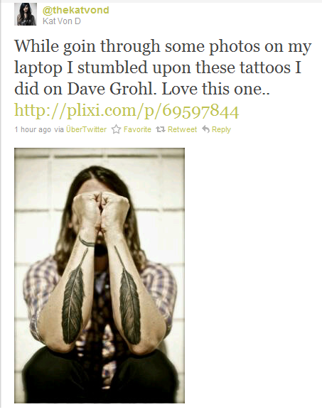 Dave Grohl's feather tattoos done by Kat von D via Grohlism
