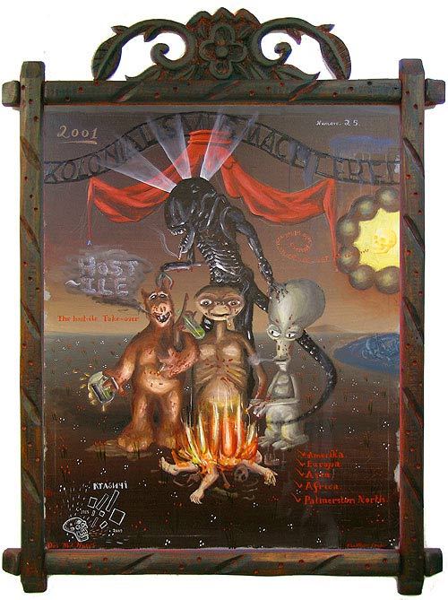 cocotazo:

Kolonialismus                                 Macht Frei
Matthew                                 Couper  2009 Oil                                 on canvas, carved wooden frame 

&#8220;Colonialism makes you free&#8221;?  Is that what that means?  Still, cool art!