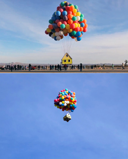 National Geographic launches a small house into flight using only balloons.