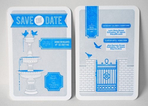 Love this azure blue and grey save the date by Us Them