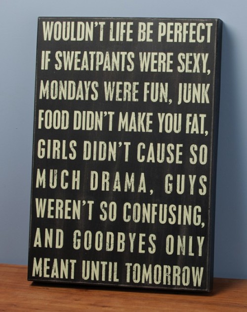 Wouldn&#8217;t life be perfect, if sweatpants were sexy, Mondays were fun, junk food didn&#8217;t make you fat, girls didn&#8217;t cause so much drama, guys weren&#8217;t so confusing, and goodbyes only meant until tomorrow.  