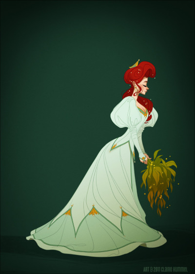  Continuing my historically accurate Disney princesses!  It makes me happy.  The Little Mermaid is hard to place from a time period standpoint- Grimsby’s wearing a Georgian getup, Ariel’s pink dress with the slashed sleeves subscribes to several eras from the Renaissance to the 1840’s, Eric is…  Eric.  I went with Ariel’s wedding dress as a starting point since those gigantic leg-o-mutton sleeves (so embarrassingly popular in eighties wedding fashion) were a great starting point for an 1890’s evening gown.  It’s also not unfeasible that Eric’s cropped tailcoat could be from the same era, so I’m sticking with my choice.  PLUS Ariel with Gibson girl hair?  COME ON IT IS AWESOME.  …I’m still not sure if I’d try to squeeze her pink dress in the same time period or if I’d just throw up my hands and draw it with a hoop skirt, but we’ll see.  