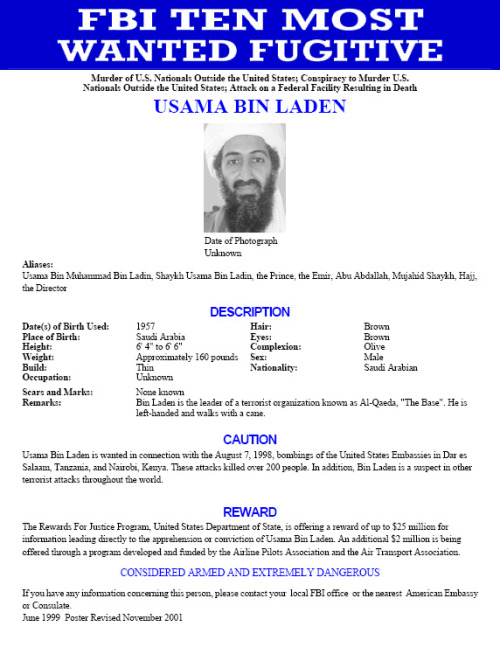 in Laden wanted poster. bin laden wanted poster