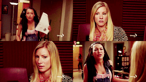 
Santana: This,is your fault! You told everyone that I play for another team,on your ridiculous melted cheese show! 

Brittany: Wait,are you mad? You do play for another team,you were on the Cheerios and now you’re only in the New Directions.
Santana: You couldn’tve thought of any other way to say that?! 
