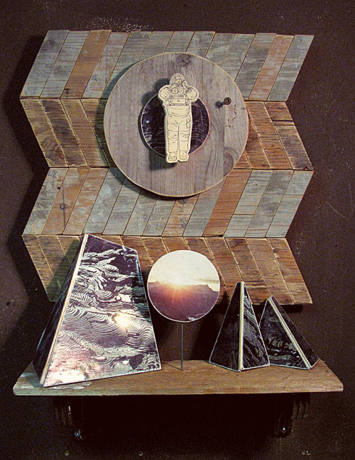 Altar To The Space Man
16 x 22 x 7
Found wood, concrete, acrylic, house paint, magazines, metal, pencil, copy transfer
2011