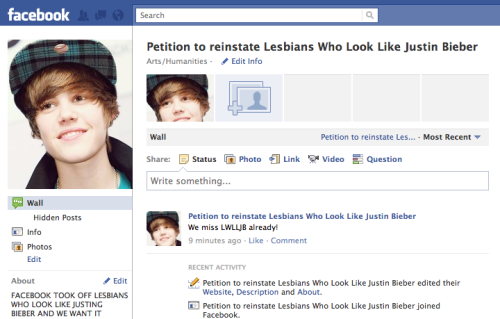 Justin Bieber. Facebook took down LESBIANS WHO LOOK LIKE JUSTIN BIEBER, click thru the