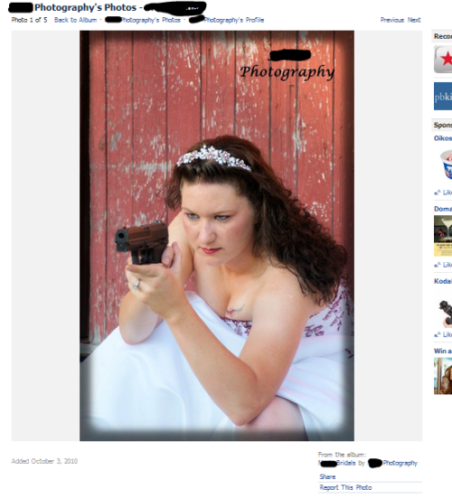This is what I call a handgun wedding. The bride holds the gun to the groom’s head and makes him say, “I do.” I wonder if she also held a gun to the fauxtographer’s head and demanded an out-of-focus and poorly lit photo?