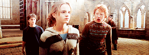 Hermione: Beautiful day! Ron: Gorgeous! Unless, of course, you’ve been ripped to pieces. Harry: Ripped to pieces?! What are you talking about? Hermione: Ronald has lost his rat. Ron: I haven’t lost anything! Your cat killed him. Hermione: Rubbish.