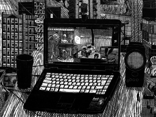  : laptop woodcut on paper by gabriela jolo