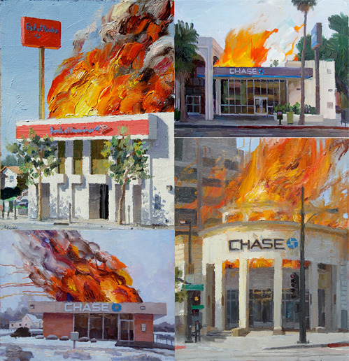 L.A. artist’s burning-bank paintings are hot commodities
 
Alex Schaefer, whose images of banks on fire drew the attention of L.A. police, sells a 22-by-28-inch canvas to a German collector for $25,000. A 6-by-8 work later fetches $3,600 from a collector in Britain.
See L.A. Times article 