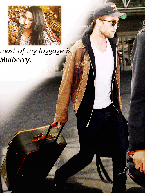 <br /> Rob and his Mulberry trolley.</p> <p>Kristen: ” Most of my luggage is Mulberry”.<br />