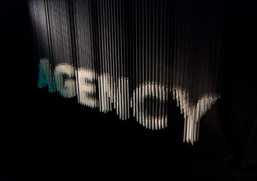 typeverything:

Typeverything.com
Agency sign by Oscar and Ewan. Made from white doweling rods suspended on nylon thread.
