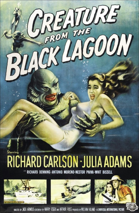 Month Of Horror:
2. Creature From The Black Lagoon, 1954
Beautiful  cinematography, specially the underwater scenes. I love the music of  this film whenever the Creature is close, it just sounds so powerful.
This movie was originally filmed and released in 3-D requiring polarized 3-D glasses. It was later reissued in the 1980s in the inferior anaglyph format for VHS. I would have loved to see this movie in the silver screen back in the 50s.
