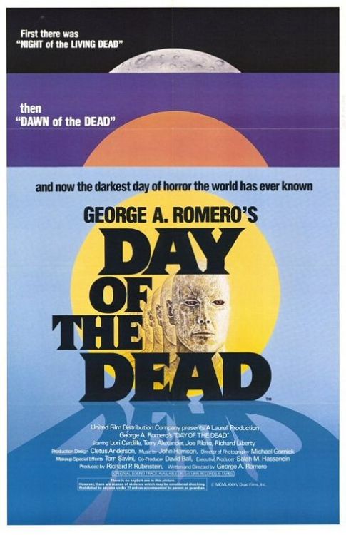 Month Of Horror:
14. Day of the Dead, 1985
George A. Romero is just a genius when it comes to zombie flicks.
It is his tradition to focus on the people rather than the actual zombies, the struggle of being confined to an underground bunker stuffed with a few military men and a trio of scientists. The development of the characters is great, my favorites were the guy who everyone called Dr. Frankenstein and Sarah (the main lady).
The opening scene is pretty damn impressive, takes by surprise and gets you right into the movie. The special effects and the gore once again are awesome (Savini, of course!), it doesn&#8217;t give you too much throughout the movie, but the final act is just a flesh eating fest.
I have always loved the idea of having the living dead remember things subconsciously, in this film that is major development in the plot. Here may be better handled the social satire and also takes a little touch into ethics and religion.
Unlike the two Romero films I talked about in the past days, I had not seen this movie before, so it got me pretty hooked from the beginning.
If you haven&#8217;t seen it be sure to check it out, if you don&#8217;t &#8216;Bub&#8217; will get sad and lose his shit.

P.S. Gorillaz had a bit of this movie remixed in the song &#8220;M1 A1&#8221; from their 2001 album, also the song &#8220;Hip Albatross&#8221;, features a clip of John&#8217;s (Terry Alexander) dialogue.