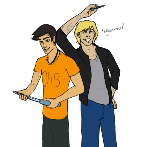 Too cute. Percy has a seraph blade and Jace is holding Anaklusmos. 
Jace: A pen that turns into a sword. Nice.
Percy: You like it?
Jace: I like anything that turns into a sword.
Percy: I think we&#8217;re going to get along.
Jace: Possibly. First, we have to discuss that seriously ugly orange shirt&#8230;


theherondaleboys:

A colour version of the Jace &amp; Percy art from a few days ago.
Two Fandoms by =toniii
