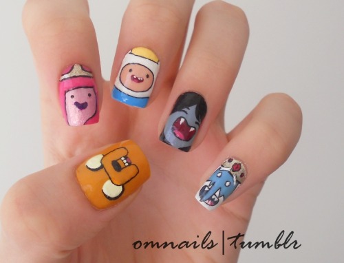 Adventure Time nail art | Requested by one of my super awesome followers! This is an awesome show, and I really hope you enjoy my nail art :) xoxo
it&#8217;s not adventure time, it&#8217;s nail art time now :D
