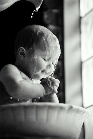 I won't forget this, just you wait. (gute,baby,bathing,photography,black & white)
