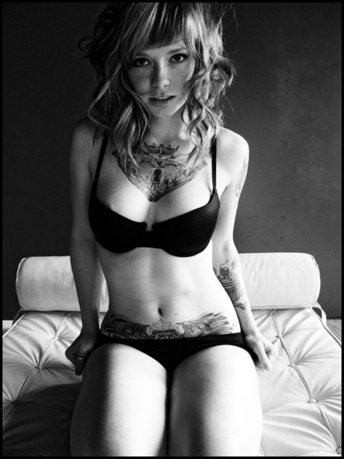 Black and White blonde boobs girls lingerie sexy tattoos women Black and 