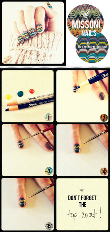 Missoni Nails | The Beauty Department
OK so I would never try to attempt this myself, but if I was gong to a nail salon this is what I would want them to do! You might be more game than me, and if you are I would love to see the end result. This was made not only with nail polish (and a very thin paint brush!) but also with grease pencils! Weird but awesome. 