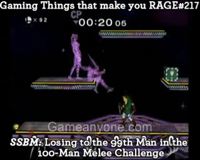 Gaming Things that make you RAGE #217
Super Smash Bros. Melee: Losing to the 99th Man in the 100-Man Melee Challenge
submitted by: Davtwan