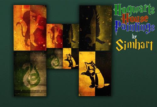 Hogwarts House Paintings - Now your Sims can show their House Pride!The pictures used aren&#8217;t mine, I found them on tumblr once and i&#8217;ve had them on my phone since, so I&#8217;m not sure where those pictures are from. If anyone knows, please let me know. It uses the base game mesh &#8220;Bethany and Miranda&#8221; and costs 15 simoleons. If anyone has any problems with them in game, extracting them, whatever, please let me know. This is the first thing other than a sim i&#8217;ve ever shared, and I really quite like these paintings. I hope you do to!CREDIT: Simnels, for the wonderful tutorial :) &lt;3 

DOWNLOAD: HERE or HERE