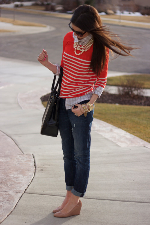 indefenseofprep:<br /><br />Love this look!  Layers, stripes, pearls, heels….what’s not to like?<br />