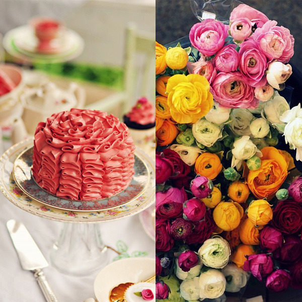 What's featured here is a coral red ruffled cake on a vintage floral cake