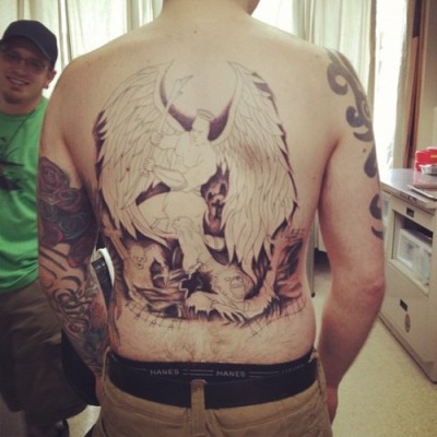 this is my husbands back tattoo just after he got most of the shading down