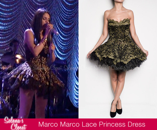 Selena shined in her performance on Dancing With The Stars wearing a Marco Marco gold and black Lace Princess dress. It’s currently for sale online for $550.00.Buy it HERE.Watch Dancing With The Stars her performance.
