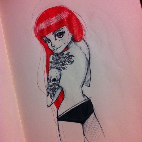  moleskine moleskin sketch doodle drawing tattoo girl redhead skull 