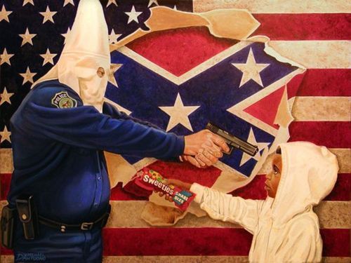 Cop in Klan hood pointing gun at black kid in hooded sweatshirt pointing Skittles.
