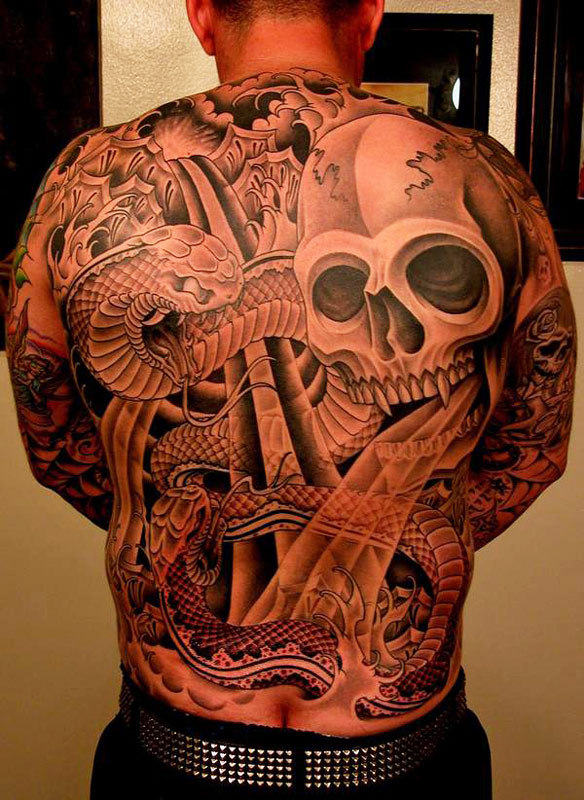  back piece black and grey japanese tattoo skull snake Loading