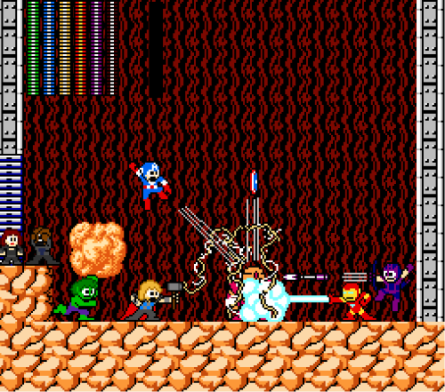 Avengers vs Gutsman
Created by Freakajebus
Artist&#8217;s Note: The Avengers take on the classic Mega Man enemy, Gutsman&#8230;with ease. Nick Fury finds the utter devastation a little too much to handle, so Black Widow keeps him calm.
