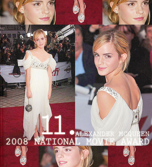 TOP 15 Favorite Emma Watson Looks → eleven where: The National Movie Award 2008- White Grecian-style Gown by Alexander McQueen Fall 2008- White Slingback Sandals by Alexander McQueen- Sphere shape bag by Chanel- Jewels by H. Stern