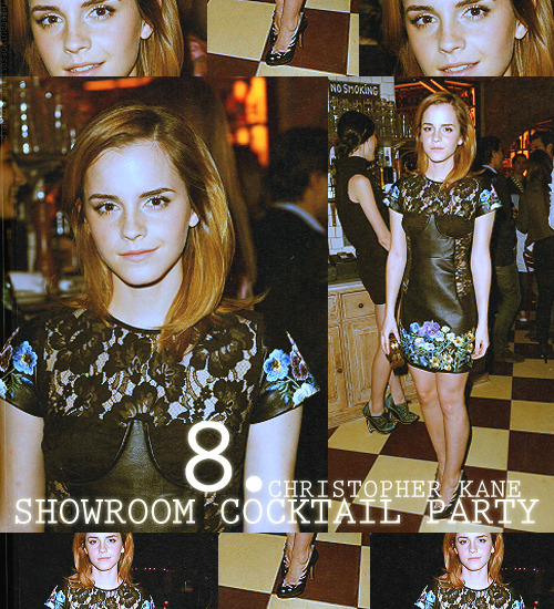 TOP 15 Favorite Emma Watson Looks → eight where: London Show Rooms Cocktail Party 2010- Black Leather and Lace dress with Floral details by Christopher Kane Fall 2010 - Black Flame 4522 Design Pumps by Casadei - Tsarina Minaudière Clutch by Chanel - Pre Fall 2009 collection