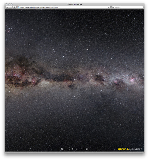 Skysurvey.org is the largest ever true color all-sky photograph. 5 kilopixel panorama of 37,440 exposures from 2 hemispheres. This is what you&#8217;d see if the Earth suddenly became transparent and the sky were 3000 times brighter. I love how strongly you can perceive the disc of the Milky Way; we&#8217;re at the outer edge so there&#8217;s a lot of stars between us and the core.