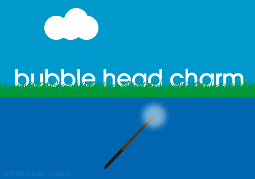 The Standard Book of SpellsBubble Head CharmUnknown PronunciationCreates a large bubble of air around the caster&#8217;s mouth and nose, allowing them to breath in conditions such as underwater and in thick smoke. This is the magical world&#8217;s equivalent to an airmask.