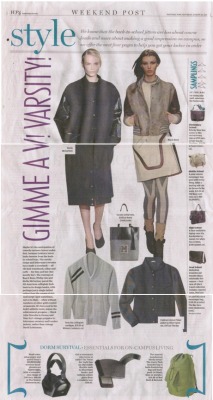 Oliver Spencer’s constant-sleeved Fisher jacket was included in the National Post “Gimme a V! Varsity!” piece in Saturday’s Style section. 