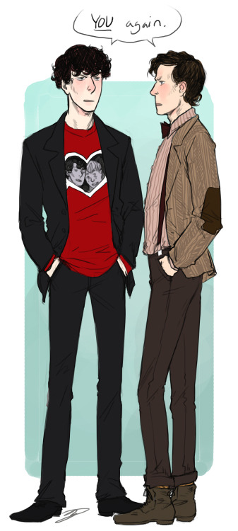 11 your face is a rectangle but okay a pretty cute rectangle &#8220;it&#8217;s for a case, john&#8221; (no it isn&#8217;t) sfbenedictcumberbatch: could you draw John and Sherlock dressed as Rory and Amy? Bonus points if the Doctor is there too. victorysunshine: Is there any way you could do like a Amy/Rory version of Sherlock and John? fannishminded: Any chance you will be doing a Doctor and Sherlock piece? I preffer 11 but any Doctor, modern Sherlock? 