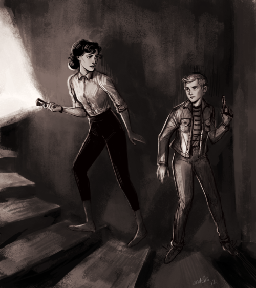 andbutts: dumb femlock sketch thing where sherlock is a 50s(???) detective girl and john is her cool greaser girlfriend?? yes i copied the poses from a nancy drew book bc honeybadger dont cARE bonus cutie molly (matthew??) hooper?? maybe??? 